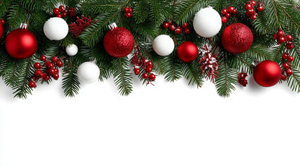 Festive Christmas-themed design, horizontal strip greenery, pine branches adorned, red white ornaments, transparent background holiday, decoration element seasonal, border display