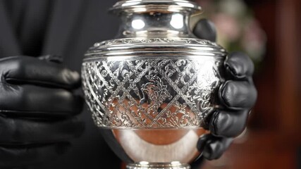 Person in black gloves carefully holds ornate silver urn with intricate patterns, symbolizing remembrance and commemoration. This poignant image is highly suitable for funeral video footage.