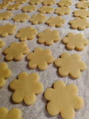 Close-up of raw Linzer flower cookies. Unbaked Linzer dough shaped into flowers on baking paper.