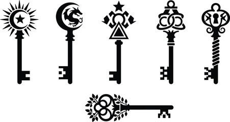 Fantasy mystical key collection featuring celestial symbols, dragon motifs, geometric magic designs, ornate silhouettes, and enchanted decorative elements for creative illustration projects. © Moksedul Creative