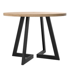 Round wooden loft-style table set for four. Minimalist arrangement of tableware, cutlery, and placemats creates a clean modern look for interior design, dining concepts, and commercial use.