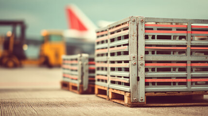 Airport cargo pallets stacked tarmac export traffic trade connecting airfreight logistics with industrial crates and vehicles