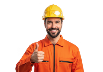 Smiling construction worker wearing a yellow hard hat and orange safety jumpsuit giving a thumbs up gesture isolated on transparent background