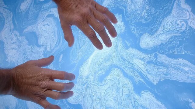 Closeup of hands adjusting lenticular layers to create shifting visual illusions on a dynamic art installation.
