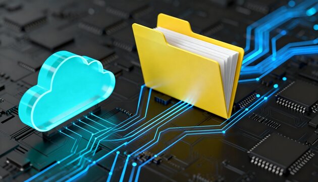 Cloud File Storage and Data Management Concept with Secure Folder Icon on Digital Circuit Board