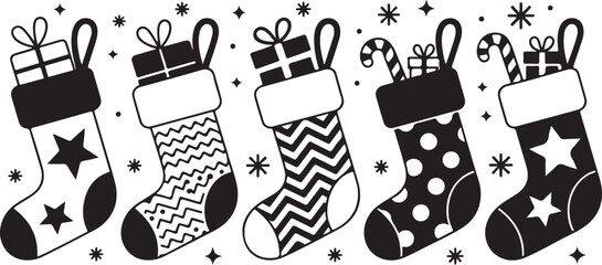Cute Christmas Stocking Icon Set with Gifts and Candy Canes