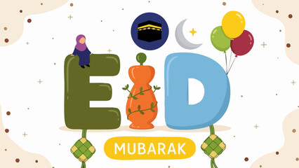 Fototapeta premium Festive eid mubarak greeting card design featuring large colorful letters and islamic symbols