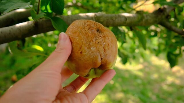 A rotten apple in the garden. Selective focus.