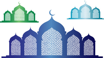 Silhouette collection of three ornate mosque domes and minarets featuring gradient color fills © Design