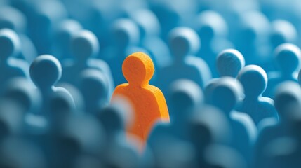 
individuality, uniqueness, standing out, crowd, blue background, focus, concept of individuality, leadership A bright orange figure stands out among a sea of blue figures, emphasizing the theme of u