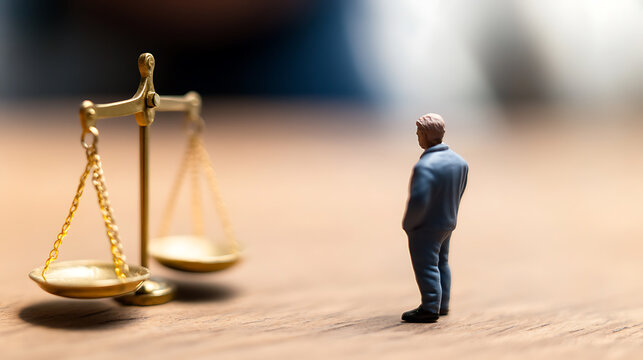 A miniature figure stands before a golden scale, pondering justice. This visual metaphor evokes concepts of fairness, equality, and moral judgment in a thought-provoking composition.