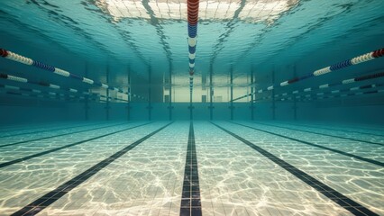 Underwater view of an empty public swimming pool on a bright sunny day, with clear blue water and lane lines