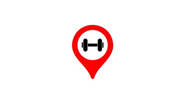 Animated red GPS map pin icon featuring a dumbbell symbol for fitness center location tracking, gym navigation apps, and health club finding services.
