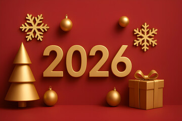 Elegant Gold 2026 Holiday Flat Lay on Red