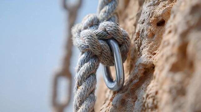 Thick rope secured to rough textured stone with metal ring