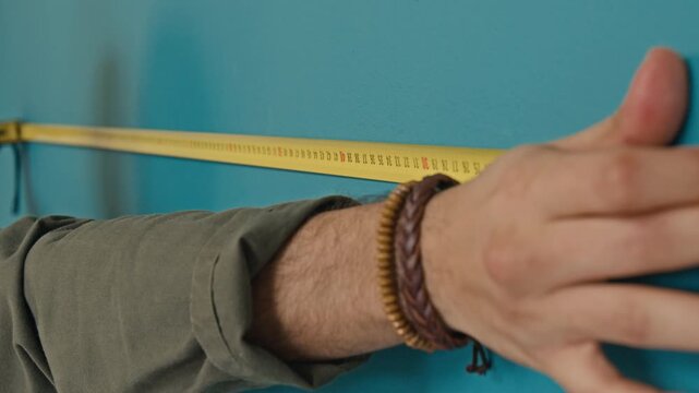 Extreme close-up shot of hands of unrecognisable man measuring length of teal wall with tape measure