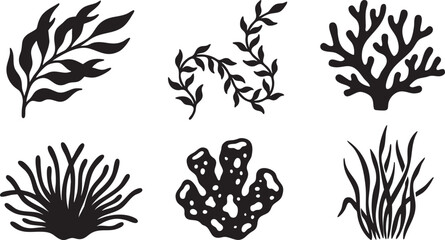 Collection of six black silhouette illustrations of marine flora and fauna on white background © Yasin