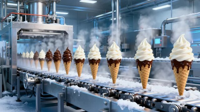  Industrial production line in a chilled factory, with perfect vanilla and chocolate soft-serve ice cream cones moving along an automated conveyor belt, surrounded by ice and steam