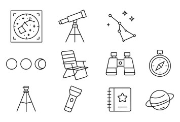 Astronomy equipment and constellation line icons: telescope, binoculars, star map, and compass