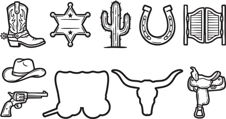 Cowboy western icons set including boot cactus horseshoe saddle gun wagon and bull skull vector © Yasin