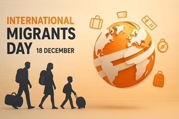 International migrants day december 18th with globe and traveling family silhouettes