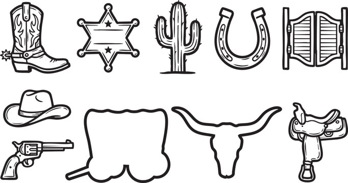 Cowboy western icons set including boot cactus horseshoe saddle gun wagon and bull skull vector