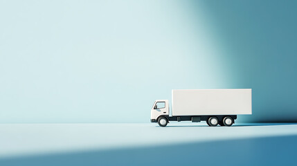 A white toy delivery truck sits in the foreground on a blue background, symbolizing logistics and transport solutions with a clean and minimalist design.