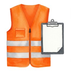 Orange Safety Vest and Clipboard Watercolor Illustration