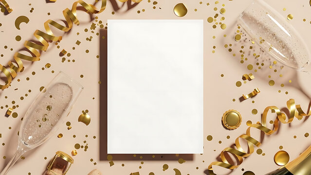 Celebration and Party Scene with Champagne Glasses, Confetti, and Golden Ribbons - Ideal for Festive Occasions - Powered by Adobe