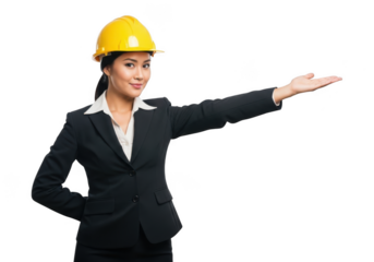 Asian woman professional wearing yellow hard hat and black suit presenting with open palm isolated on transparent background