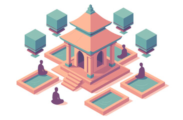 Fototapeta premium Isometric zen temple with meditating figures and tranquil pools