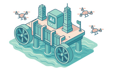Naklejka premium Futuristic floating ai city with drones and wind turbines