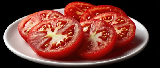 Freshly sliced red tomatoes arranged elegantly on a white plate ready for cooking or salad preparation