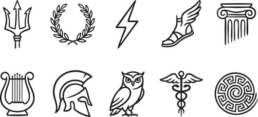 Collection of ancient Greek mythological symbols and icons in black outline mythology trident