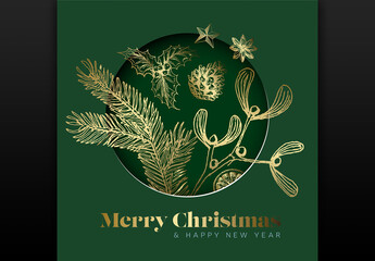 Elegant Christmas Card: Golden Festive Botanical Illustrations on Green Background