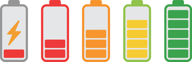 Five battery level indicators showing power from empty to full charge