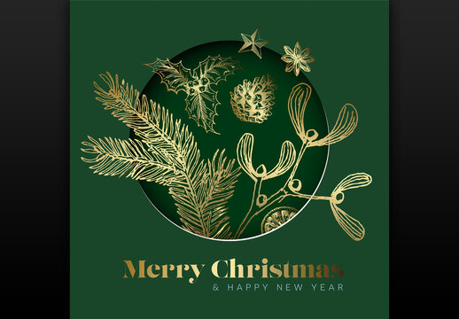 Elegant Christmas Card: Golden Festive Botanical Illustrations on Green Background