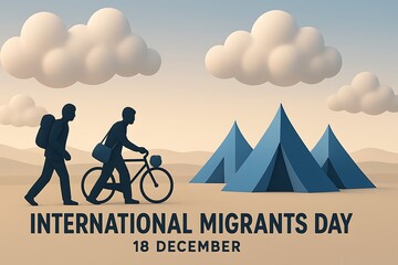 International migrants day silhouette of people with bicycle and tents