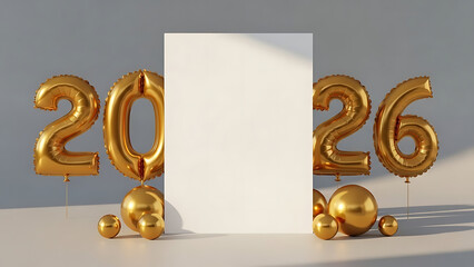 2026 golden balloons with a blank canvas for your new year&#x27;s message or celebration concept