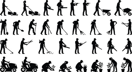 Set of vector silhouettes showing gardeners and landscapers mowing lawns, digging, planting, using power tools, and performing maintenance.