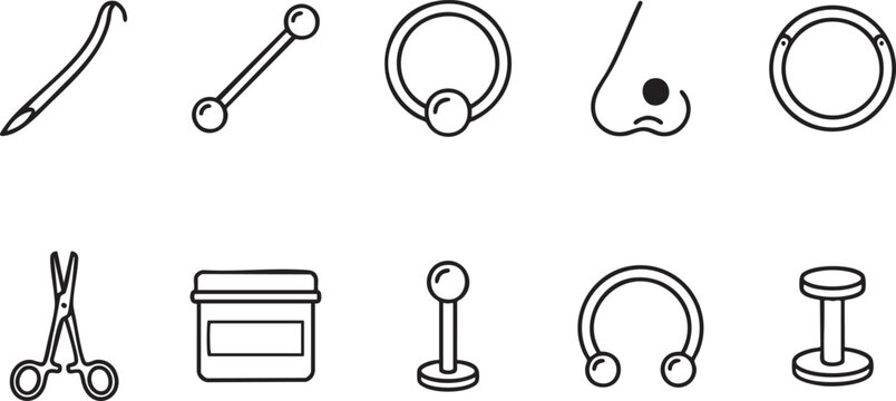 Collection of black line art icons for body piercing tools and jewelry needle barbell