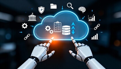 Hand Holding Glowing Cloud Computing Interface with Digital Network Icons, Data Storage and Technology Concept