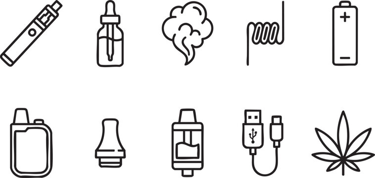 Collection of black line art icons for vaping and cannabis vape e-cigarette
