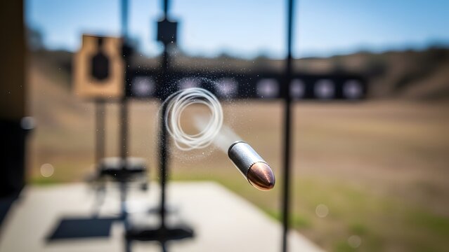 Target practice at an outdoor shooting range with a blurred bullet in flight