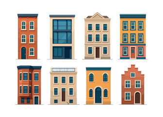 Naklejka premium Building facades, architecture styles, urban cityscape, flat vector illustration