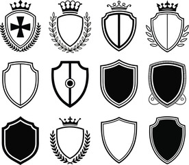 Collection of medieval shields and crests in black and white outline