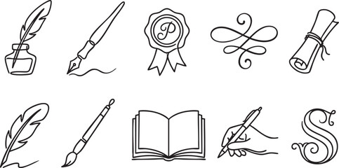 Collection of black line art icons representing writing and artistic tools quill inkwell