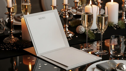 Elegant table setting with menu for a special occasion and champagne glasses