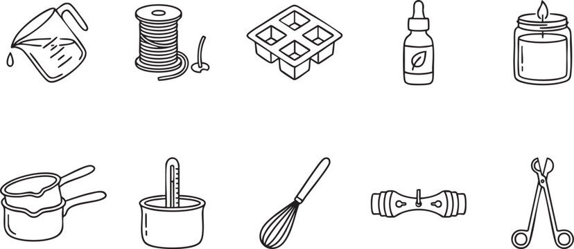 Collection of line art icons for candle making supplies and tools vector