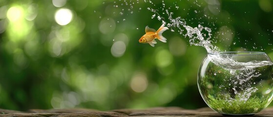 Goldfish jumping from bowl into green garden scene filled with sunlight and fresh air